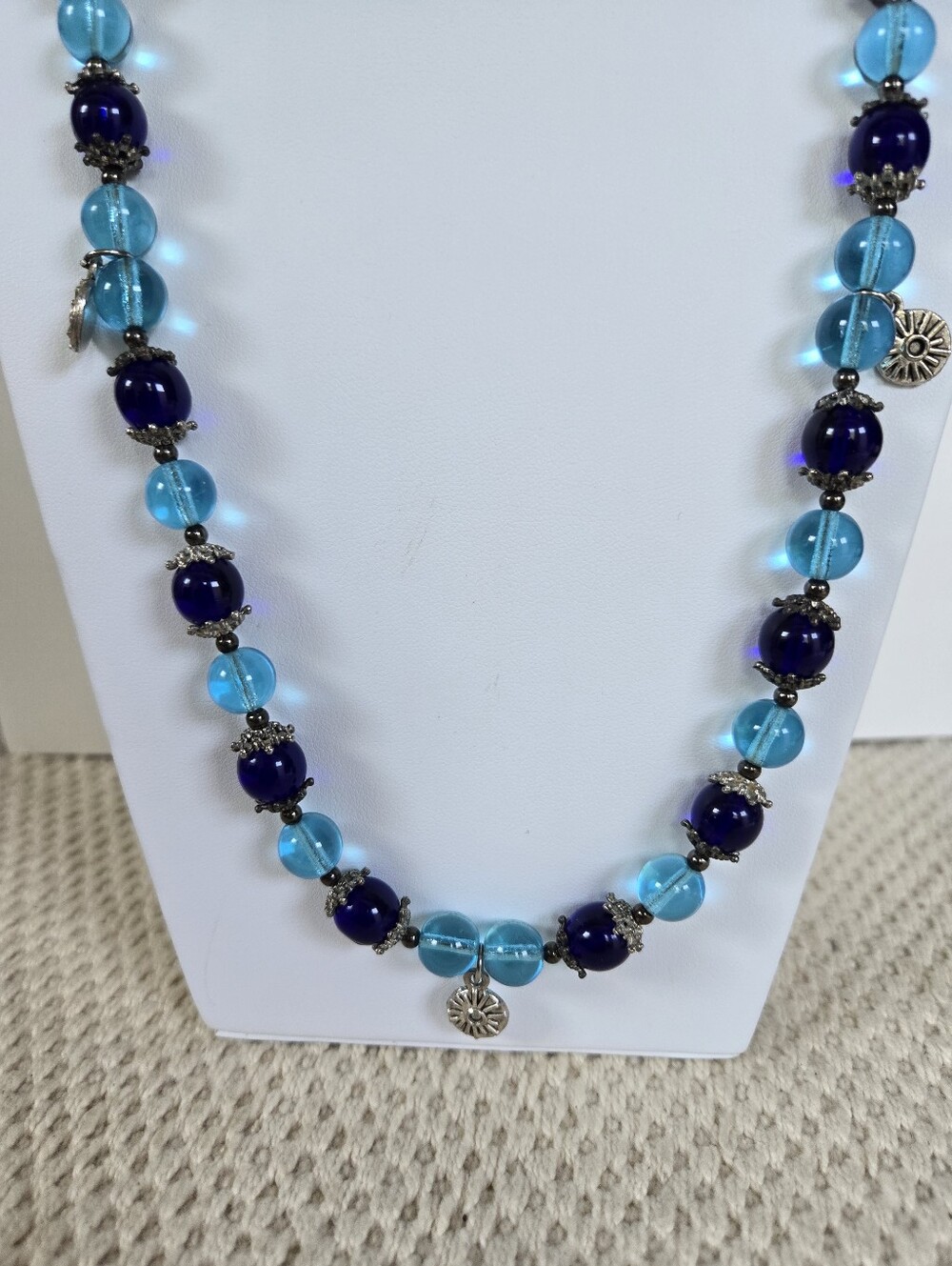 N-144-Blue & Navy Glass With Silver Tone Accent Beads Necklace-26"